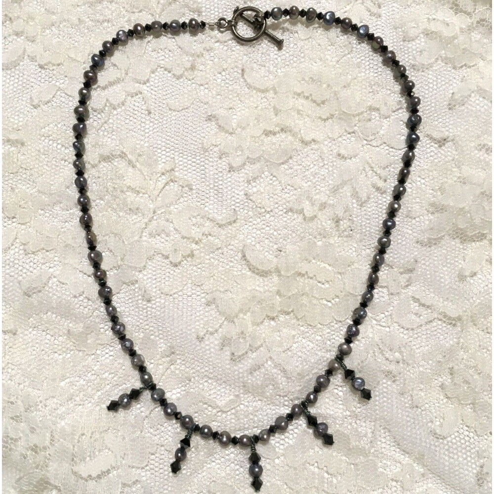 Vintage Dark Pearl and Glass Beads Necklace Sterling Silver Toggle Dainty Beachy